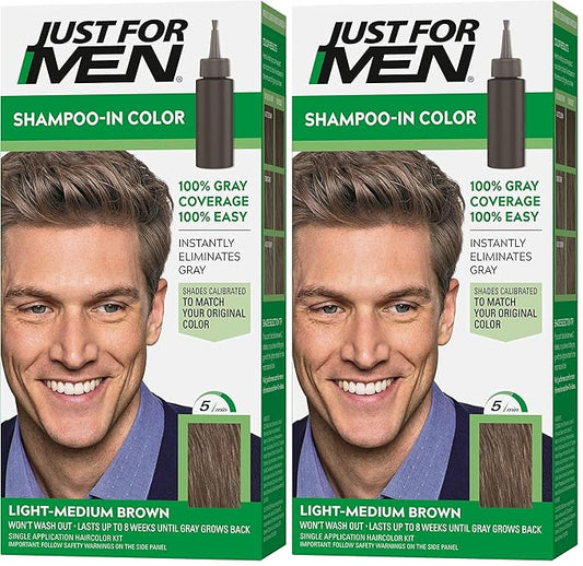 Just For Men Shampoo-In Color (Formerly Original Formula), Mens Hair Color with Keratin and Vitamin E for Stronger Hair - Light-Medium Brown, H-30, Pack of 2