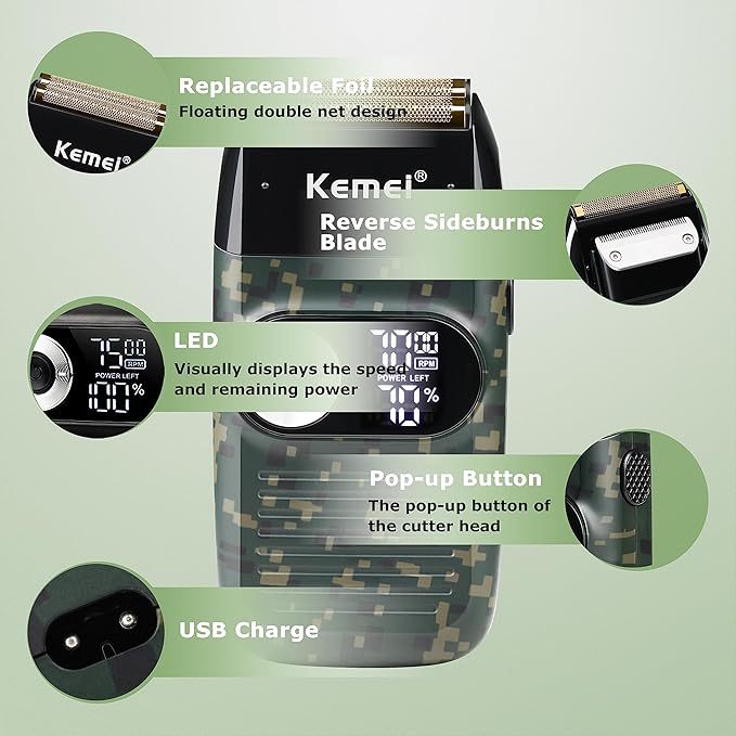 Kemei Foil Professional Electric Shaver for Men Razor with Bald Trimmer Cordless Shavers Rechargeble LED Display 2 in 1