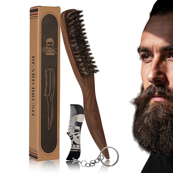 Men's Stiff Boar Bristle Beard and Hair Brush, Walnut Handle with Mini Metal Keychain Comb, Portable Grooming Duo for Travel Home Use