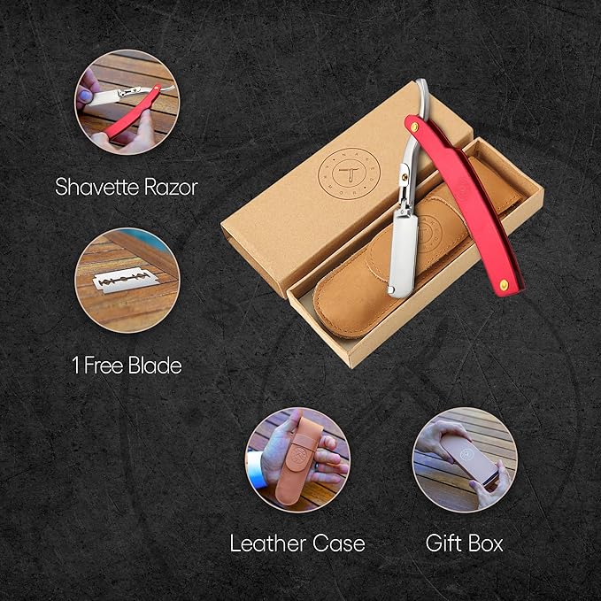 Best Shavette Straight Razor - Replaceable Blade Straight Razor, Metal Handle Shavette, No Stropping or Honing Needed, Great For Beginners, Starter Blade, Hygienic, Close Shave, Leather Case