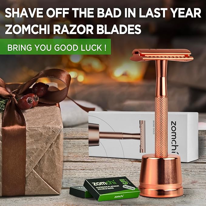 ZOMCHI Single Blade Razors for Women – Reusable Ladies Razor for Legs with 5 Double Edge Safety Razor Blades, Eco-Friendly Manual Shaving Razor - Rose Gold
