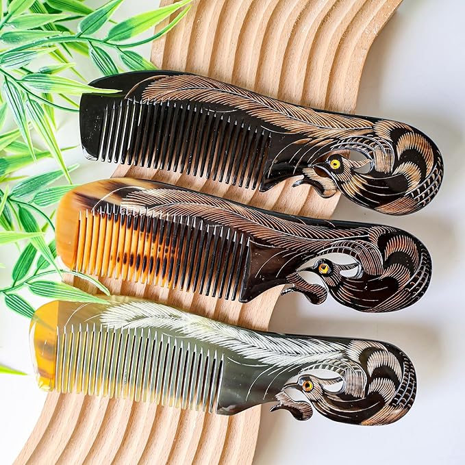 Symbol of Virtue and Grace, Natural Buffalo Horn Comb, Bone Ox Horn Anti Static for Hair, Horn Combs for Women Christmas's Gift (Phoenix)