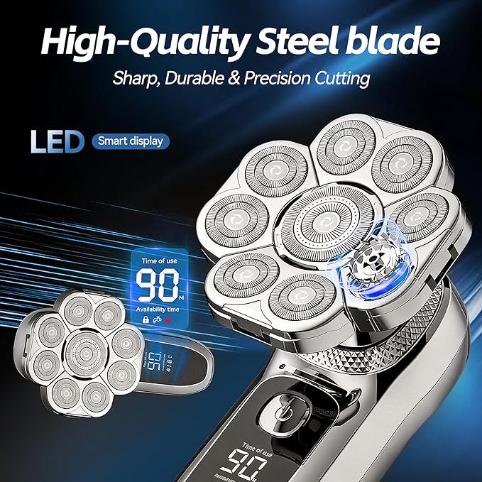 9D Head Shaver for Bald Men, 6-in-1 Electric Razor with LED Display, Waterproof Wet & Dry, Type-C Fast Charging Cordless Bald Head Shaver (Gunmetal, 9D)