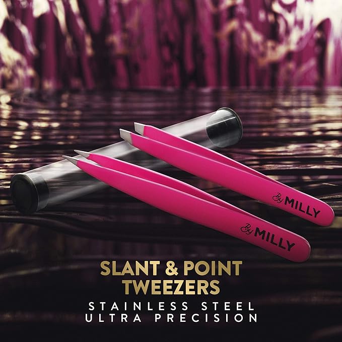Precision Tweezers Set | Slanted and Pointed Tip Tweezers Kit | High Carbon Stainless Steel | Aligned & Hand-Filed Tweezer Set Professional | Hair Removal & Eyebrow Tweezer Set | Pink