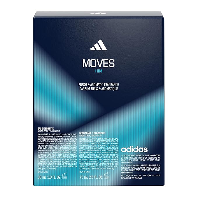 Adidas Moves for Him Giftset,1 fl oz EDT + 2.5 fl oz Body Fragrance, Notes of Green Apple, Cedarwood, Musk, Men's Fragrance, Long Lasting, Sporty Fragrance, Travel Size
