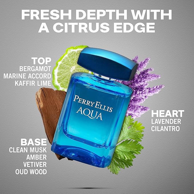 Perry Ellis Aqua Eau De Toilette Spray for Men - Mens Cologne, Long Lasting Perfume, EDT, Fragrance with Notes of Bergamot, Wood Notes & Musk - 3.4 fl oz (100 mL)