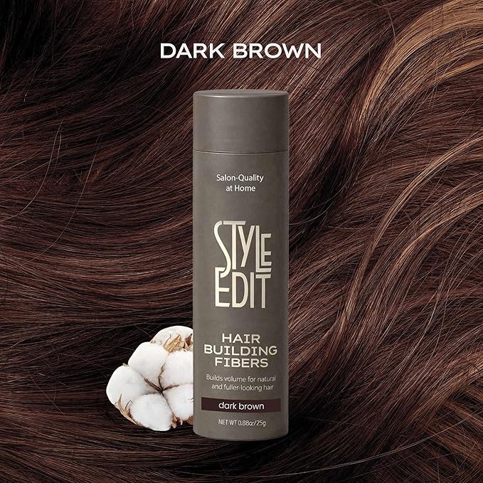 Style Edit Hair Building Fibers for Thinning Hair | Conceals Receding Hairlines, Fine Hair & Bald Spots for Fuller looking hair, 100% Plant-Based Thickening Powder for Men & Women, Dark Brown 0.88oz