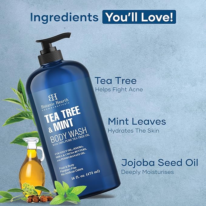 Botanic Hearth Tea Tree Oil Body Wash with Mint, 16 fl oz - Moisturizing, Soothing, Helps Control Fungal Infections, Deep Moisturization, Promotes Healthy Skin, Ethically Sourced
