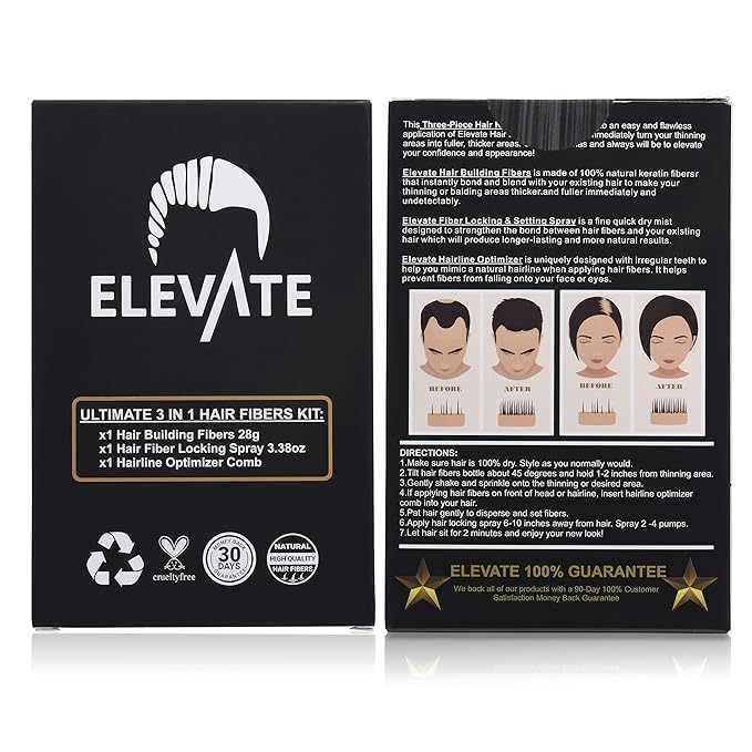 Elevate Hair Building Fibers 3-in-1 Kit for Thinning Hair (Black) Keratin Hair Thickening Powder with Fiber Lock Spray & Hairline Optimizer Comb - Instant Hair Concealer Waterproof for Men & Women