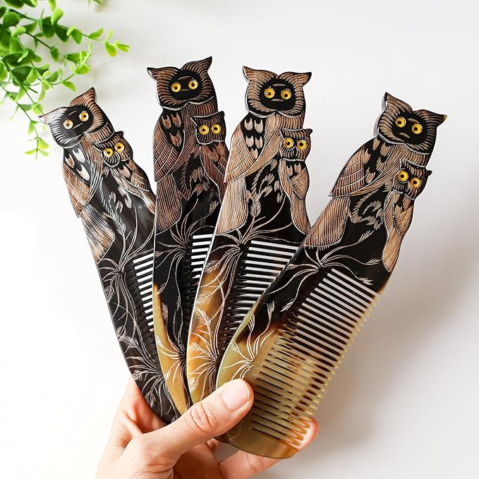 Symbol of LUCK & Knowledge, Natural Buffalo Horn Comb, Ox Horn Comb Anti-Static, Luxury Double Pigeon, Buffalo Horn Hair Comb for Anti Static Massage (Owl)