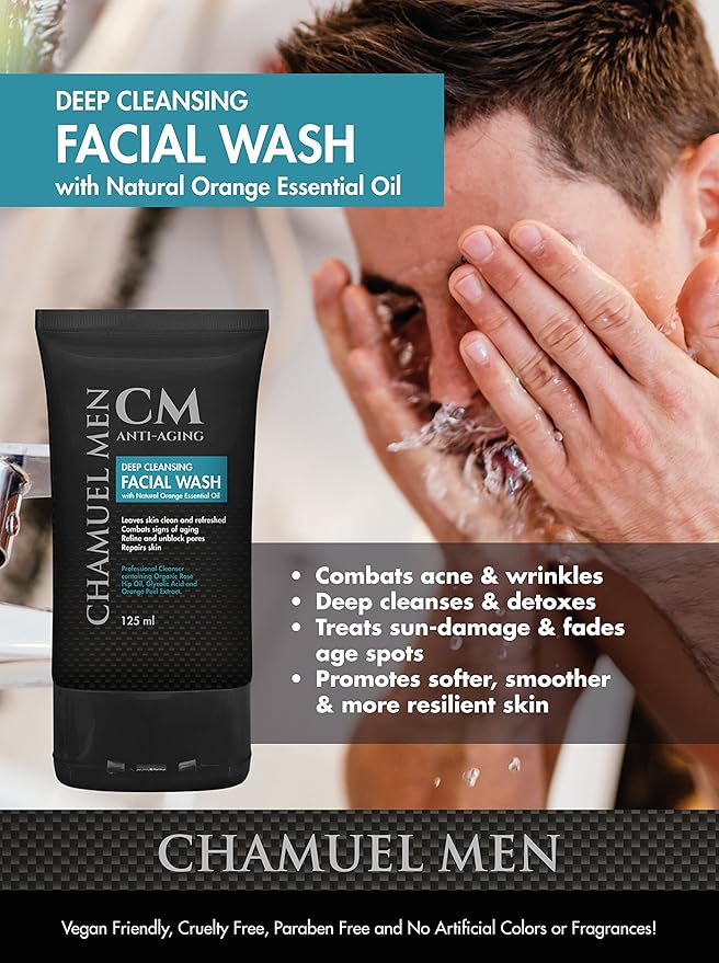Anti-Aging Face Cleanser - Deep Cleaning & Exfoliating Mens Face Wash Fights Acne & Wrinkles w/Organic Rose Hip, Aloe & Glycolic Acid for Oily, Dry, Sensitive or Combination Skin, 125ml.