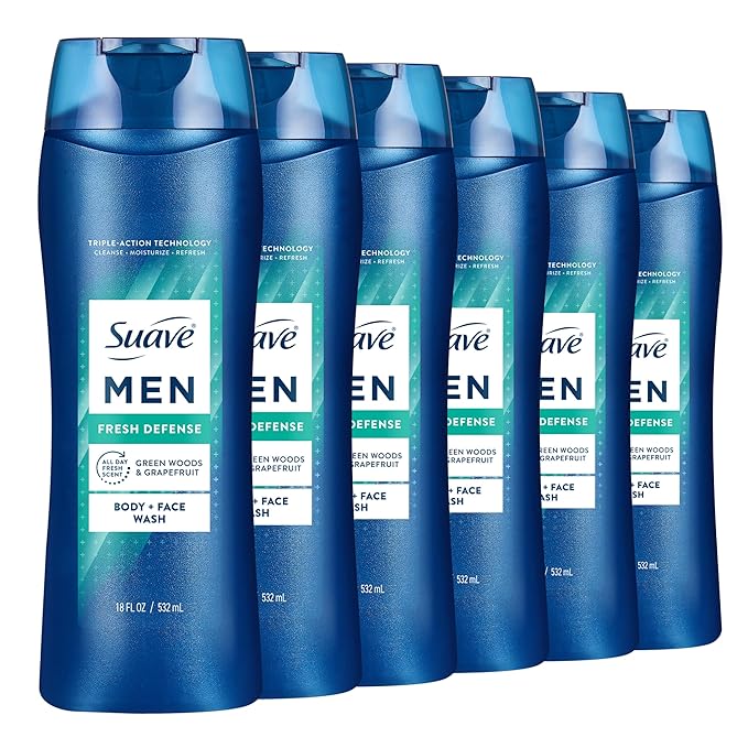 Suave Men Fresh Defense 2in1 Body & Face Wash with Glycerin & Vitamin E, Paraben & Phthalate Free, Cleanse, Moisturize & Refresh, Long-Lasting Fragrance, 18 FL OZ, 6 Count