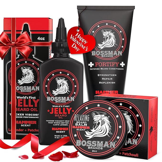 Bossman Essentials Beard Kit for Men, Set of 3 - Beard Oil Jelly, Fortifying Conditioner Cream, Beard Balm - Grooming Growth Care Accessories - Gift Set for Men (Hammer)
