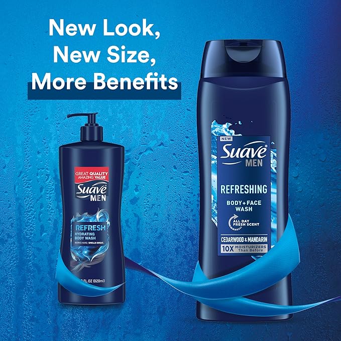 Suave Men Moisturizing Body & Face Wash, With Cedarwood and Mandarin Scent, No Parabens, No Phtahaltes, 18 Oz Pack of 12