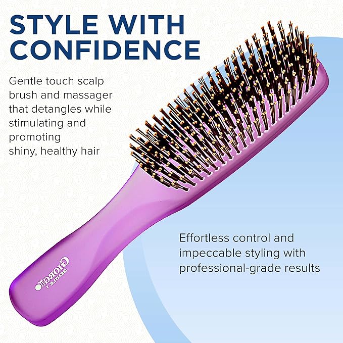 Giorgio GION1PP Neon Purple 7.75 inch Gentle Touch Detangler Hair Brush for Men and Women. Soft Bristles for Sensitive Scalp. Wet and Dry for all Hair Types. Scalp Massager Brush Stimulate Hair Growth