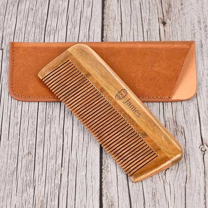 Onedor Wooden Comb, Personalized Custom Fine Tooth Combs for Men's Hair, Beard & Mustache, Anti-Static Sandalwood Comb, 100% Nature Handmade, Customized Gifts for Men - With Leather Case