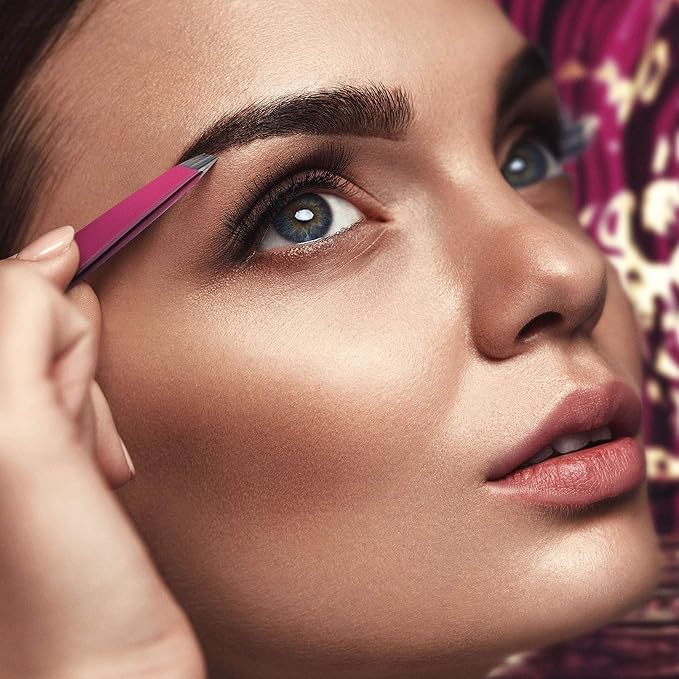 Professional Slanted Tweezers for Women and Men | High Carbon Stainless Steel Sharp Tweezer | Tweezers for Women Facial Hair Plucking, Hand-Filed & Aligned Precision Slant Tips - Pink
