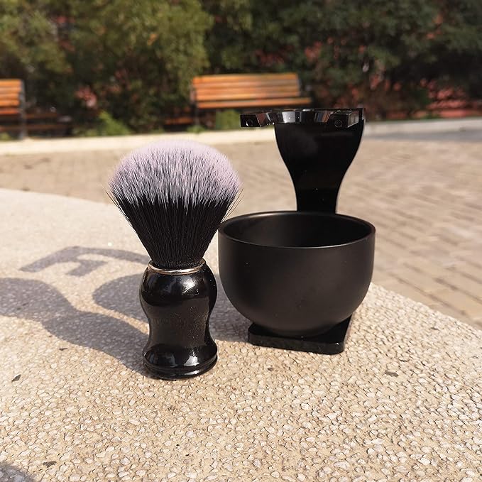 JEQUIL&CORENVEO Men's Shaving Brush Set, 3pcs Synthetic Shaving Brush with Acrylic Stand and Steel Bowl