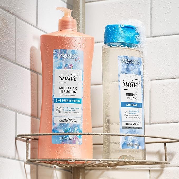 Suave Micellar Infusion 2-in-1 Purifying Shampoo + Conditioner, Gently Cleanses & Conditions for Manageable Hair, Daily Use for All Hair Types, 28 FL OZ Pump, 4 Count