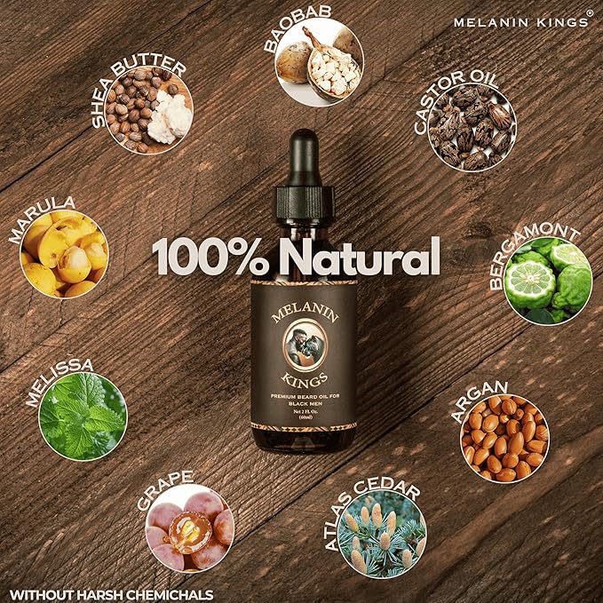 Melanin Kings Beard Oil for Black Men - Specialized formula for Black Men - With ancient African Ingredients - 100% Natural Ingredients - 2fl. Oz. - Kenyan Sandalwood Scent