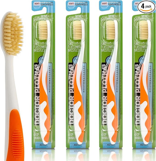 MOUTHWATCHERS Soft Flossing Toothbrushes, Value Pack of 4, Orange, Manual Toothbrush for Adults, Ultra Clean, Good for Sensitive Teeth and Gums, by Dr. Plotka's
