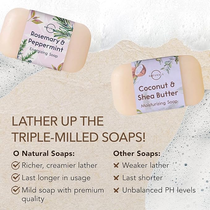 O NATURALS 100% Natural Bar Soap - Gift Set - Organic Ingredients & Essential Oils - Spa Gifts for Women & Men, Body Wash & Face Soap - 6PC Natural Collection