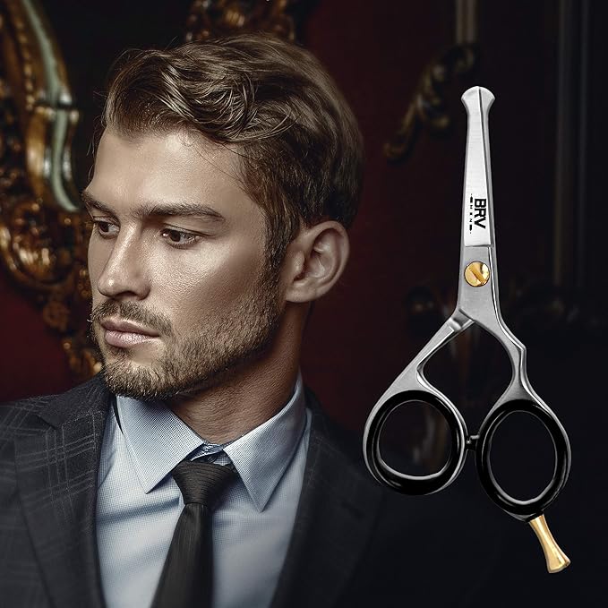 BRV MEN Rounded-Tip Small Trim Scissors for Men 4.2" | High Carbon Stainless Steel | Nose Hair for Men | Professional Grooming Scissors for Beard, Mustache & Ear Hair - RIGHT HANDED (Silver)