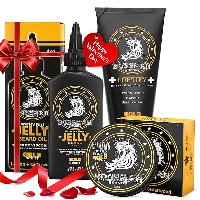 Bossman Essentials Beard Kit for Men, Set of 3 - Beard Oil Jelly, Fortifying Conditioner Cream, Beard Balm - Grooming Growth Care Accessories - Gift Set for Men (Gold)