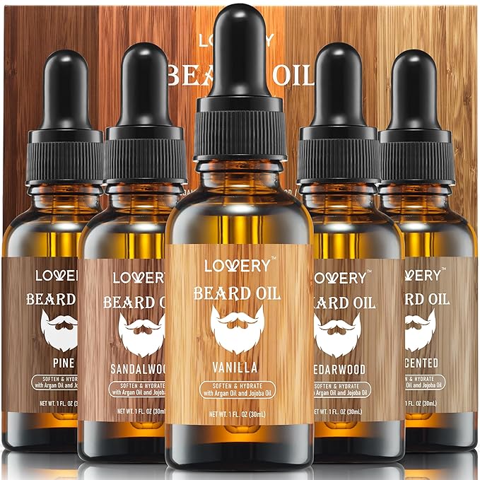 LOVERY (5 Pack Beard Oil for Men, Natural Mens Beard Oil Kit Variety Set - Sandalwood, Vanilla, Cedarwood, Pine, Unscented, W Argan & Jojoba Oil, Mens Beard Softener Grooming Gifts for Him