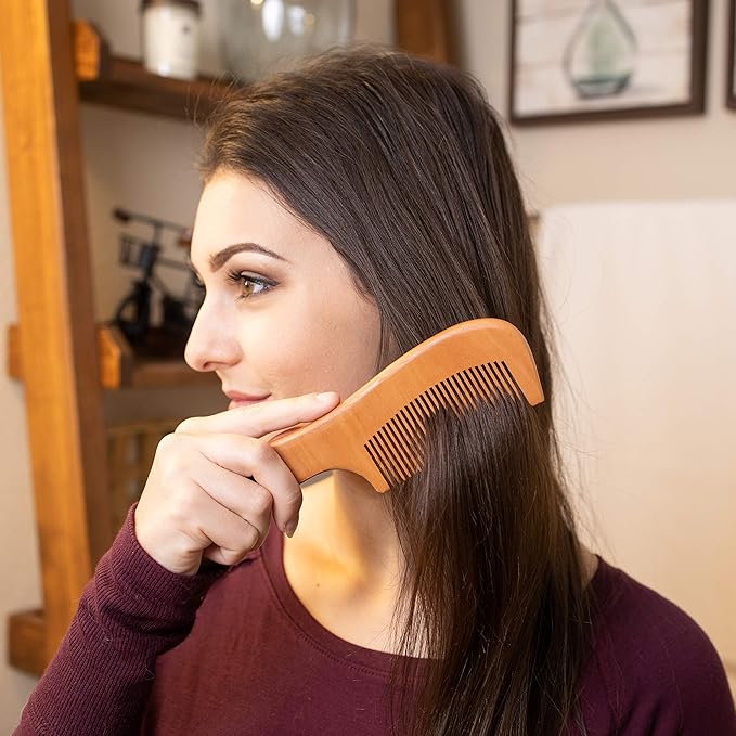 GranNaturals Wooden Comb with Handle - Fine Wood Toothed Styling & Grooming Tools for Men & Women - Detangler for Beards, Mustache - Anti-Static Styler for Long, Straight, Wavy, Curly, Coarse Hair