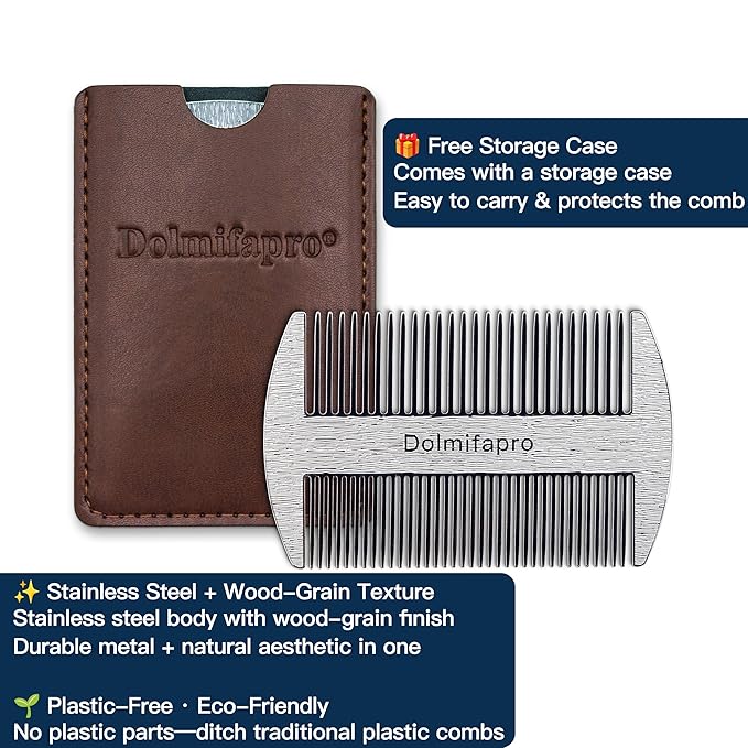 304 Stainless Steel Pocket Beard Comb for Men, Anti-Static Dual Fine Coarse Teeth Ultra-Thin Mustache Hair Grooming Comb with PU Leather Case (silvery)
