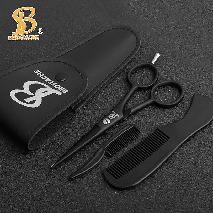 Beard & Mustache Scissors for Men 5”, 2 comb & Beautiful Travel Pouch, Hand forged with Bevel edge For precision, Extremely Sharp Scissor, Trimming scissors