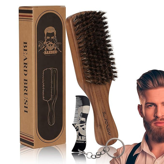 Boar Bristle Beard Brush for Men - Wooden Mustache Brush and Slick Back Hair Brush with Small Metal Beard Comb, Perfect for Home and Travel Use - Major