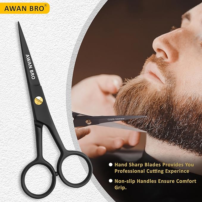 5" Professional Beard & Mustache Scissors Set with Beard Comb & Mustache Comb – Precision Grooming Beard Scissors for All type of Facial Hair, Perfect Beard Hair Scissors Kit with Travel Pouch