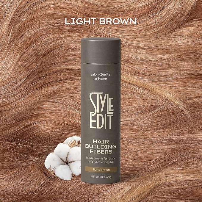 Style Edit Hair Building Fibers for Thinning Hair | Conceals Receding Hairlines, Fine Hair & Bald Spots for Fuller looking hair, 100% Plant-Based Thickening Powder for Men & Women, Light Brown 0.88oz