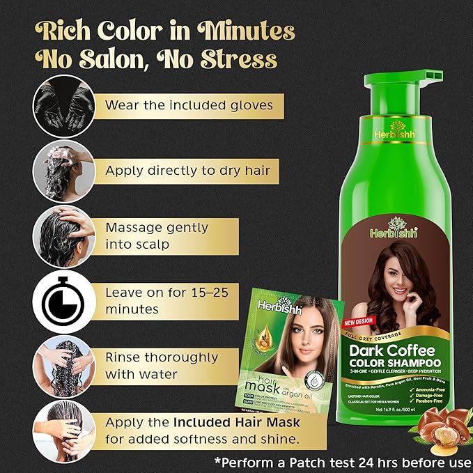 Herbishh Hair Color Shampoo for Gray Hair – Natural Hair Dye Shampoo – Colors Hair in Minutes – Lasts Up To 3-4 Weeks – 500ML – 3-In-1 Hair Color – Colors, Cleanses, and Conditions (Dark Coffee)