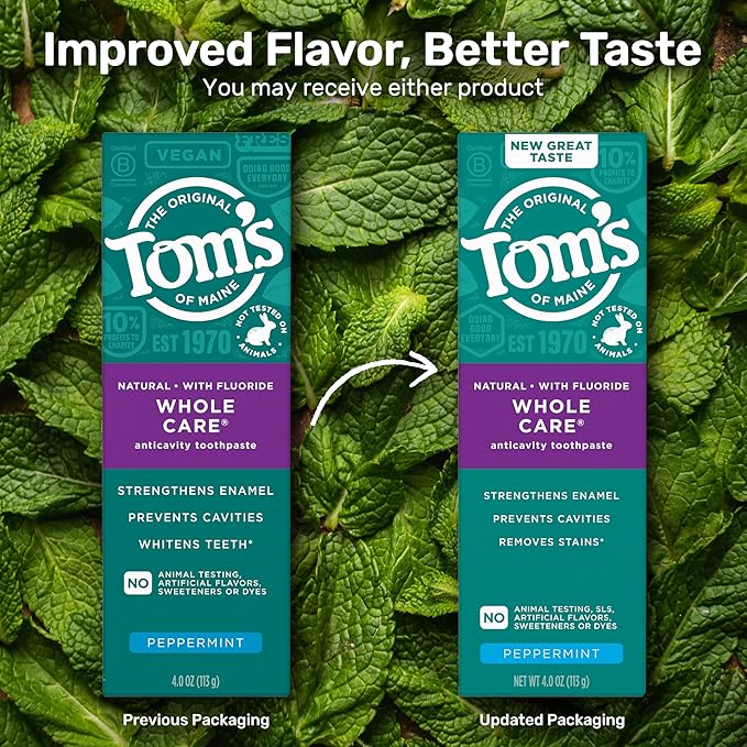 Tom's of Maine Whole Care Natural Toothpaste with Fluoride, Peppermint, 4 oz. 3-Pack (Packaging May Vary)