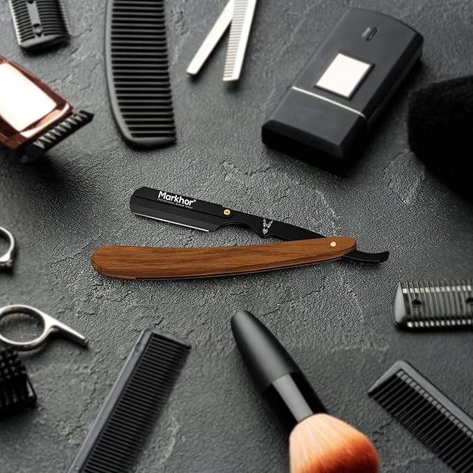 Markhor® Straight Razors for Men with 100 Single Edge Razor Blades | Rose Wood Matte Black Barber Straight Razor | Straight Edge Razor | Barber Razor Blade | Navajas Para Barbero