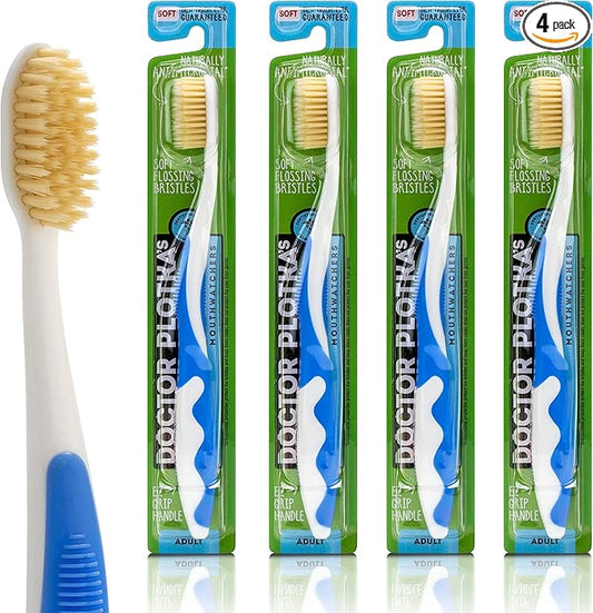 MOUTHWATCHERS Soft Flossing Toothbrushes, Value Pack of 4, Blue, Manual Toothbrush for Adults, Ultra Clean, Good for Sensitive Teeth and Gums, by Dr. Plotka's