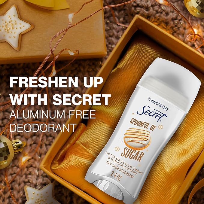 Secret Aluminum Free Deodorant for Women, 48hr Odor Protection with Pro-Hyaluronic Acid, PH Balancing Minerals, Holiday Dry Solid, Spoonful of Sugar with Glazed Crème & Vanilla Custard Scent, 2.4 oz