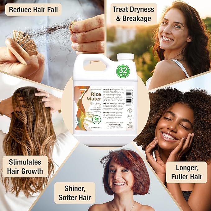 Fermented Rice Water for Hair Growth - Infused with Rosemary, Biotin, Caffeine, Keratin Vegan Non-Greasy Spray Naturally Thicker, Longer, Softer Men & Women (32 fl oz Jug)
