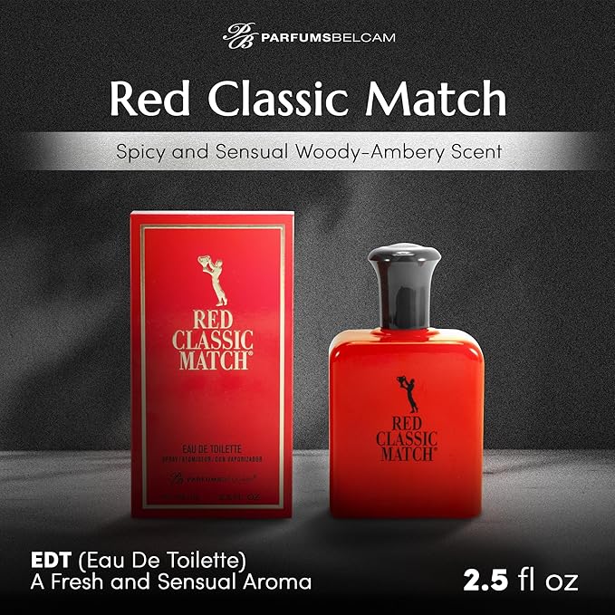 PB ParfumsBelcam Red Classic Match Eau de Toilette - Spicy Woody Amber Fragrance for Men, Long-Lasting Masculine Scent, Affordable Cologne Alternative, Signature Fragrance - 2.54 Fl Oz