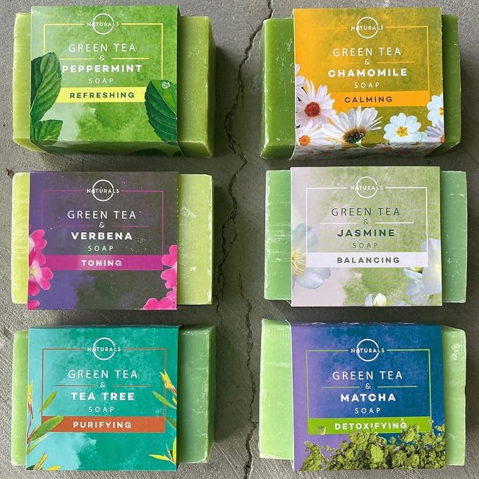 O NATURALS 100% Natural Bar Soap - Gift Set - Organic Ingredients & Essential Oils - Spa Gifts for Women & Men, Body Wash & Face Soap - 6PC Green Tea Soap Collection