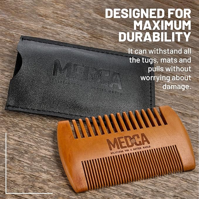 Wooden Beard Comb for Men - Pack of 2, Handcrafted Solid Beechwood Beard Combs, Mustache and Head Hair Pocket Comb with Leather Case - Dual Action Fine & Coarse Teeth