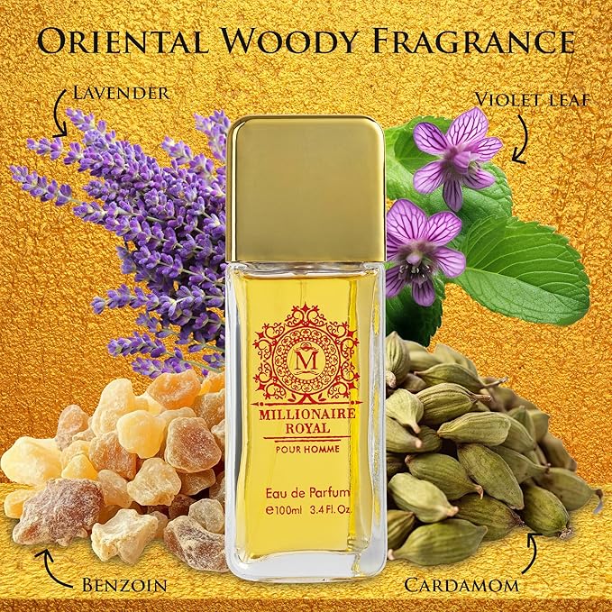 Millionaire Royal for Men - Oriental Fresh Woody Fragrance - Top Notes of Mandarin, Bergamot & Cardamom - Natural, Mild, Free of Parebens, Vegan & Cruelty-Free - Elegant 100ml Bottle, Parfume for Men