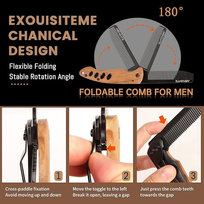 1PC Small Folding Pocket Beard & Mustache & Hair Styling Comb for Men - Metal Tactical Grooming Tool with Wooden Handle for Travel & Home Use - Idea for Stocking Stuffers - Length 6.57inch - Black