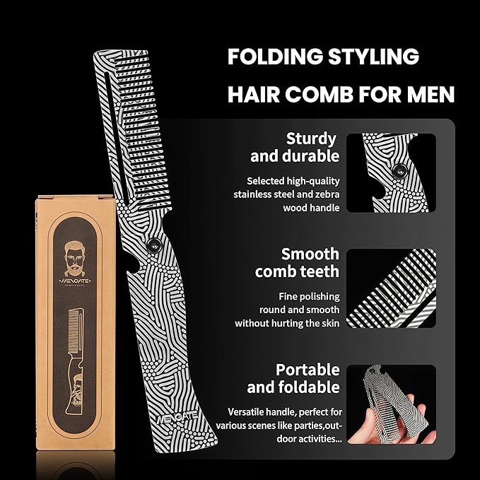Metal Hair & Beard & Mustache Comb, Multifunctional Folding EDC Pocket Beard Comb With Bottle Opener - Anti-Static for Travel and Everyday Grooming Styling