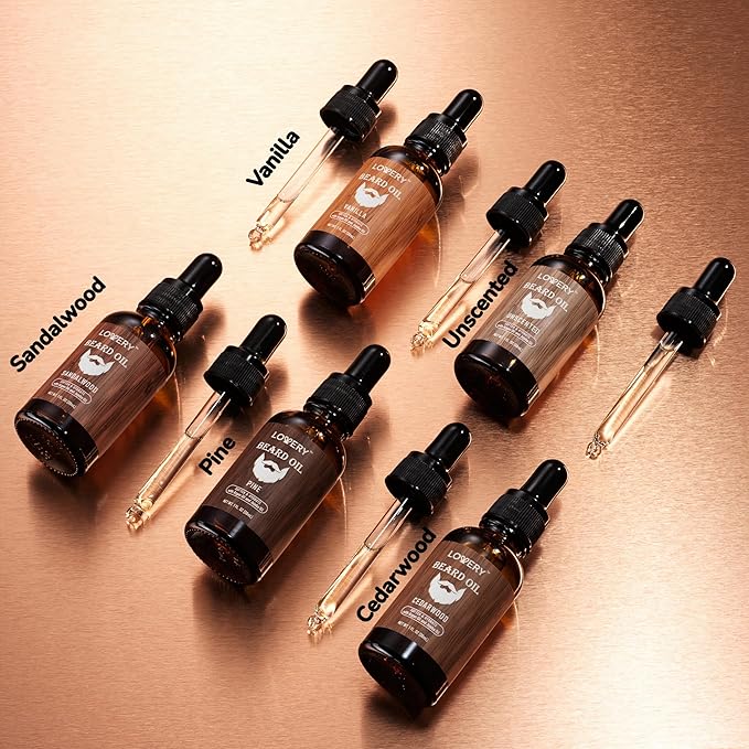 LOVERY (5 Pack Beard Oil for Men, Natural Mens Beard Oil Kit Variety Set - Sandalwood, Vanilla, Cedarwood, Pine, Unscented, W Argan & Jojoba Oil, Mens Beard Softener Grooming Gifts for Him