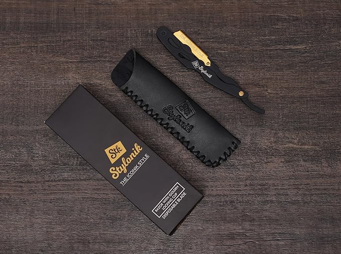 Professional Straight Edge Barber Razor – 60 Single/30 Double-Sided Stainless Steel Blades for Men & Women, with Leather Case (Gold)