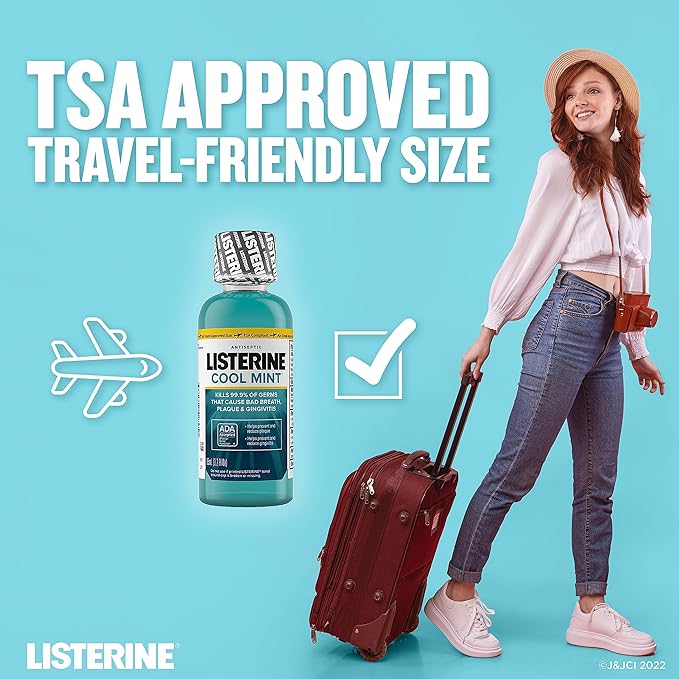Listerine Cool Mint Antiseptic Mouthwash for Bad Breath, Plaque and Gingivitis, Travel Size, 3.2 Fl Oz, Pack of 1